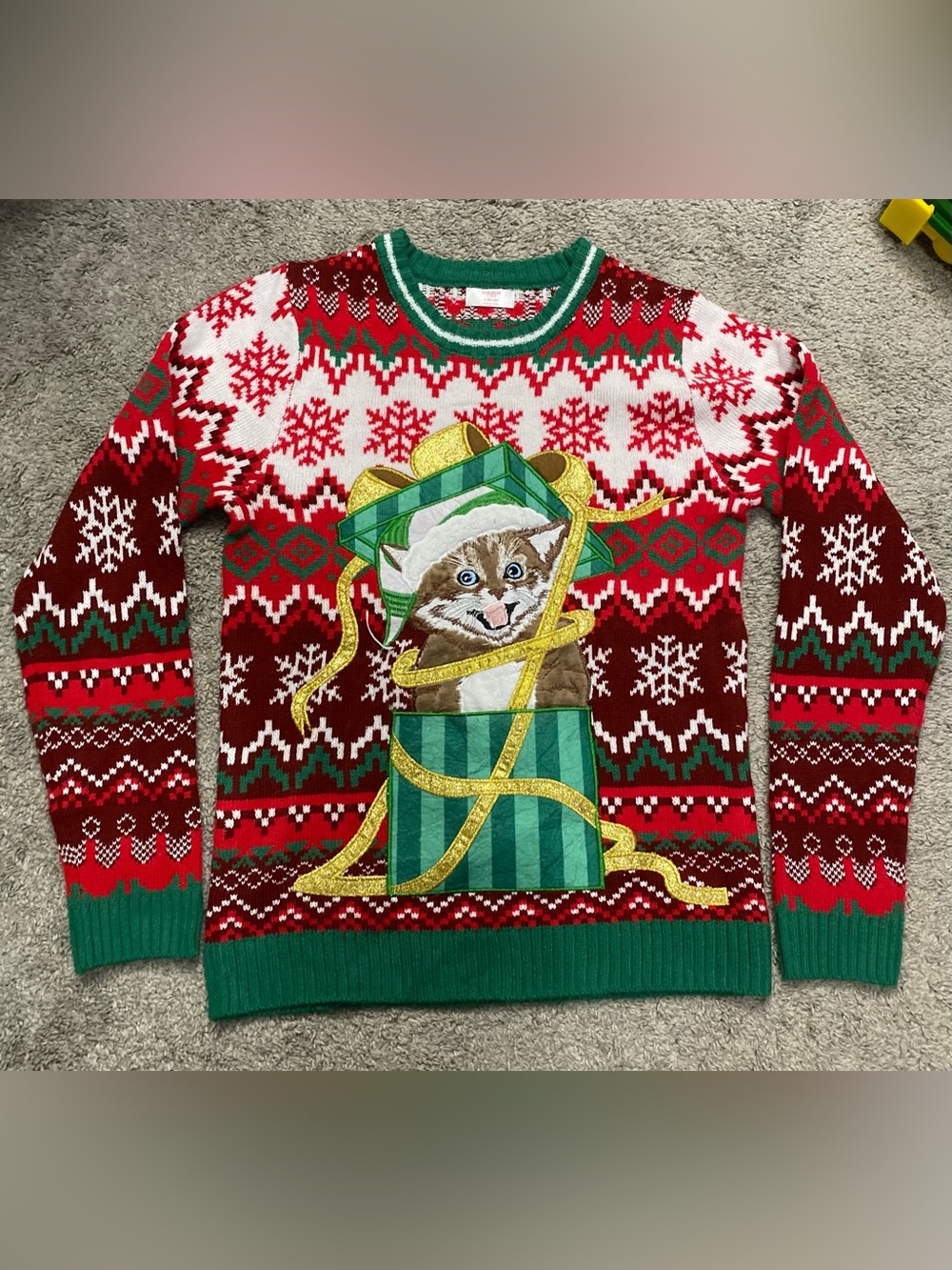 Holiday Time Red, Green & Gold Kitten-in-Gift Crewneck Sweater